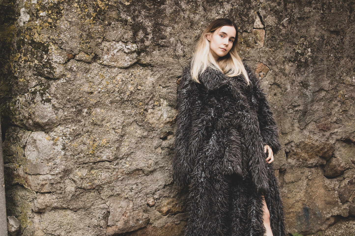 Extra Long Gray Faux Fur Coat